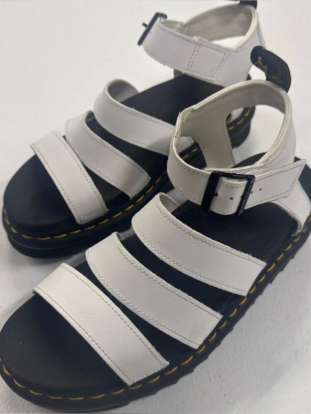 Dr. Martens White Platform Sandals with Yellow Stitching